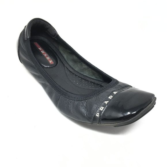 Women's Prada Slip On Ballet Flats Shoes Size 35.5 EU/5.5 EU Black Leather - Picture 1 of 10